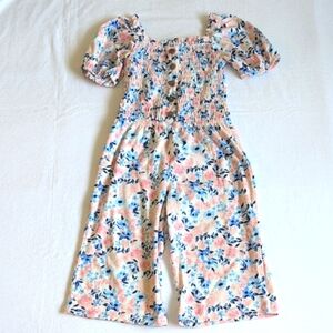 BCBG GIRLS | Smocked Puff Sleeve Wide Leg Floral Jumpsuit Pink | 4